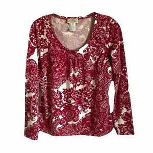 Talbots Paisley Floral Lace Print Red and Cream Cotton Stretch Top Size S